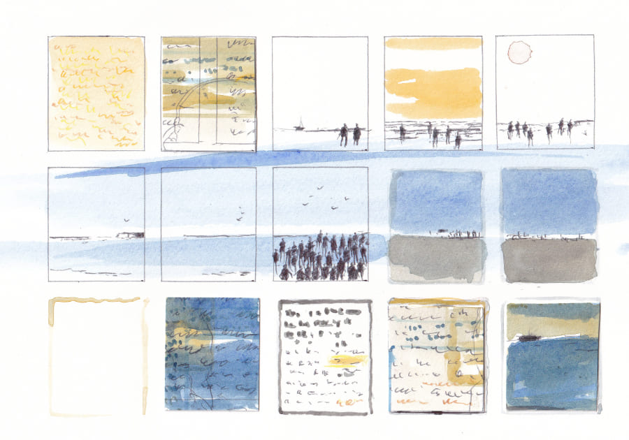Sequenzen der Isla Volante Meer Menschen Strand und Schrift Graphic Novel Artwork