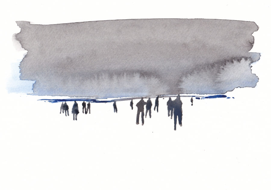 Die Aquarellmalerei zeigt schemenhafte Figuren, die vor einer düsteren, wolkenbehangenen Szenerie stehen, was eine Atmosphäre der Ungewissheit erzeugt Graphic Novel Artwork