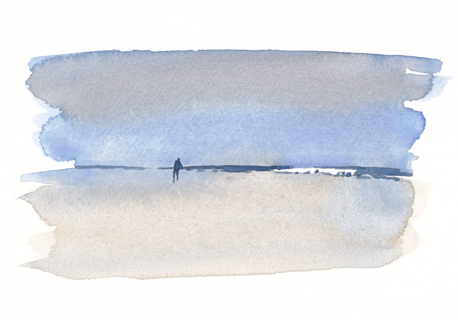 Das Aquarellbild zeigt eine einsame Figur, die an einem grauen Tag am Strand spaziert, wobei die weite Landschaft und die Stille der Szene eine kontemplative Stimmung erzeugen Graphic Novel Artwork