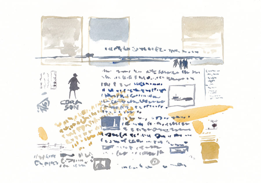Eine Aquarellkomposition mit Notizen und skizzenartigen Elementen präsentiert eine abstrakte Darstellung, die von flüchtigen Eindrücken und visuellen Fragmenten inspiriert wurde. Artwork
