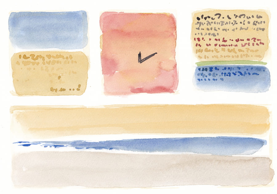 Aquarellbild zeigt eine abstrakte Komposition aus Rechtecken und horizontalen Linien in verschiedenen Farben, die einen spielerischen Eindruck erwecken Graphic Novel Artwork