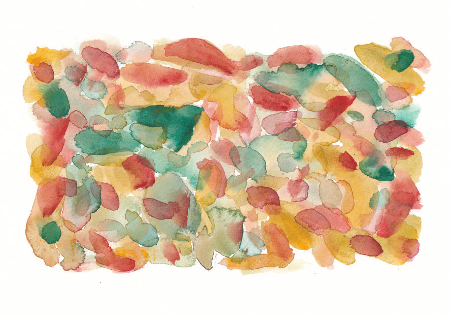 Ein abstraktes Aquarellwerk zeigt eine Komposition aus farbigen, organisch geformten Flecken, die in einer rechteckigen Form auf weißem Grund angeordnet sind - Aquarell zu Text von Ruth Loosli