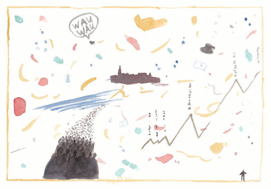 Aquarell Die Aquarellillustration zeigt eine lebhafte und abstrakte Szene mit verschiedenen Elementen wie einer städtischen Silhouette, einem Diagramm, eine dichte Ansammlung vieler Menschen und farbenfrohen Spritzern Graphic Novel Artwork