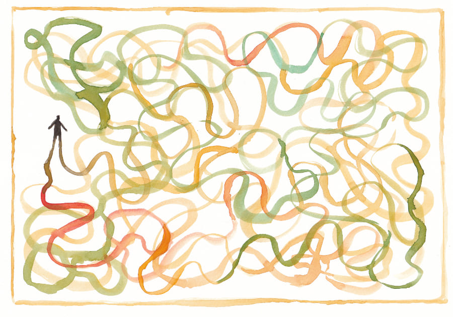 Aquarell Das Aquarellbild stellt eine abstrakte Szene dar, in der eine winzige menschliche Figur an einem sich windenden Pfad durch ein Labyrinth aus bunten, geschwungenen Linien zu gehen scheint - Graphic Novel Artwork