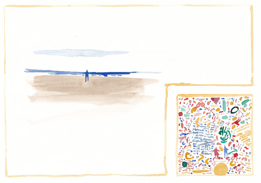 Das Aquarellbild zeigt eine einsame Figur am Strand, mit einem abstrakten Muster in einem separaten Feld, was eine kontemplative Stimmung erzeugt - Graphic Novel Artwork