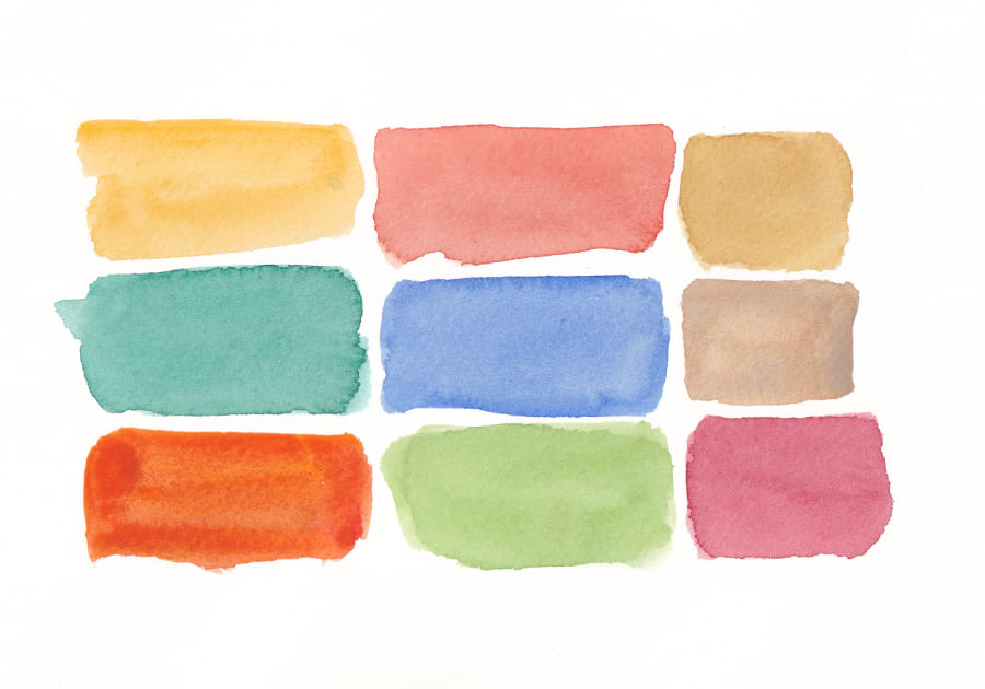 Die aquarellartige Darstellung zeigt neun rechteckige Farbfelder in verschiedenen Farbtönen, angeordnet in einem Raster auf weissem Hintergrund - Aquarell zu Text von Ruth Loosli