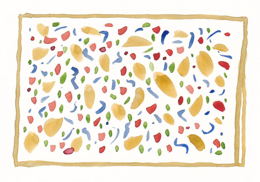 Postkarte Dieses Aquarell zeigt eine Komposition von abstrakten Formen in verschiedenen Farben auf einem cremefarbenen Hintergrund - Postkarte Artwork