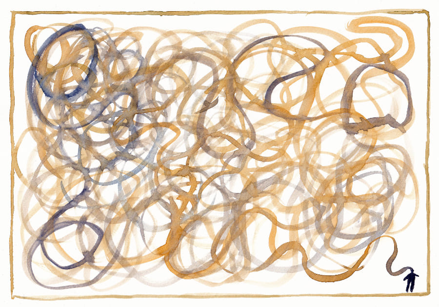 Aquarell Ein abstraktes Aquarellgemälde zeigt ein dichtes Netz aus verschlungenen, ockerfarbenen und grauen Linien, die sich in einem beigen Rahmen überlagern - Graphic Novel Artwork