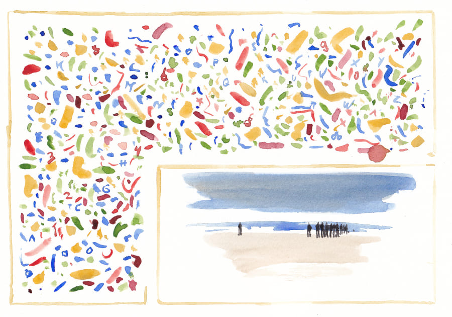 Das Aquarellbild präsentiert eine zweiteilige Komposition, die eine abstrakt-ornamentale Anordnung und eine Strand- und Meeresszene mit einer Gruppendarstellung miteinander kombiniert - Graphic Novel Artwork
