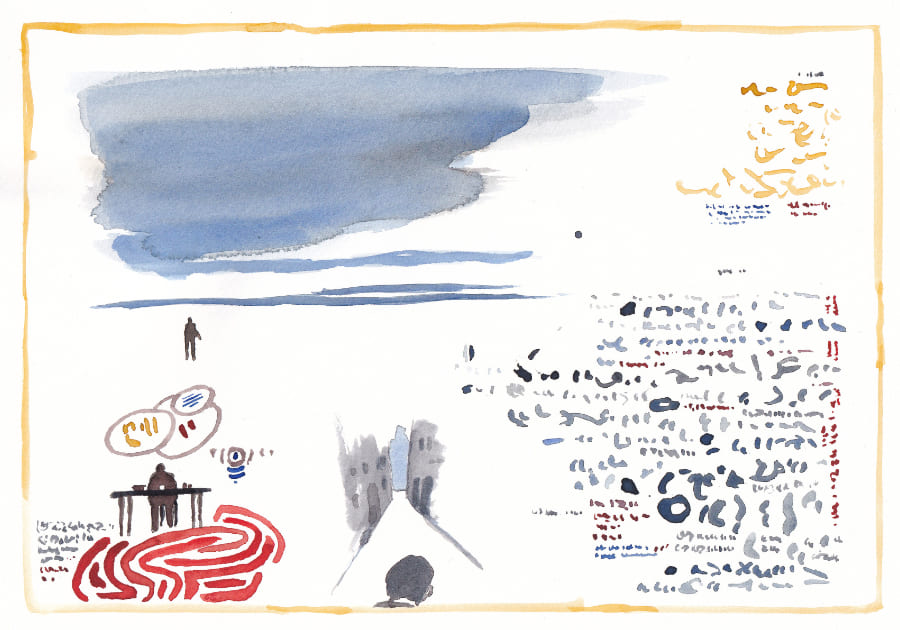 Das Aquarell zeigt eine abstrakte Szene mit verschiedenen Elementen, die in einem minimalistischen Stil dargestellt werden, wodurch eine rätselhafte und fast traumartige Atmosphäre entsteht Graphic Novel Artwork