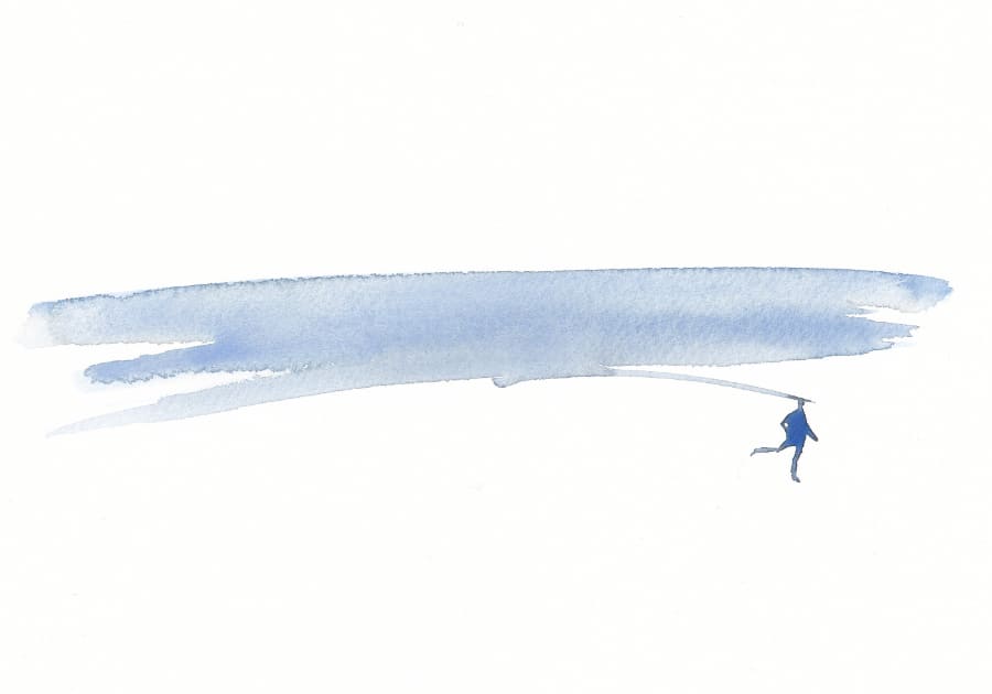 Aquarell Blau Die Aquarellmalerei zeigt eine winzige, blaue Figur, die an einer langen, geschwungenen Linie hängt, die mit einem breiten Pinselstrich gemalt wurde. Graphic Novel Artwork