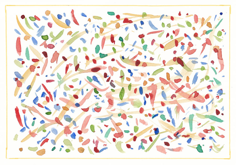 Aquarell Eine abstrakte Aquarellmalerei zeigt ein lebendiges Muster aus bunten, gestrichelten Formen und Linien auf einem weissen Hintergrund, eingefasst von einem zarten gelben Rahmen - Graphic Novel Artwork