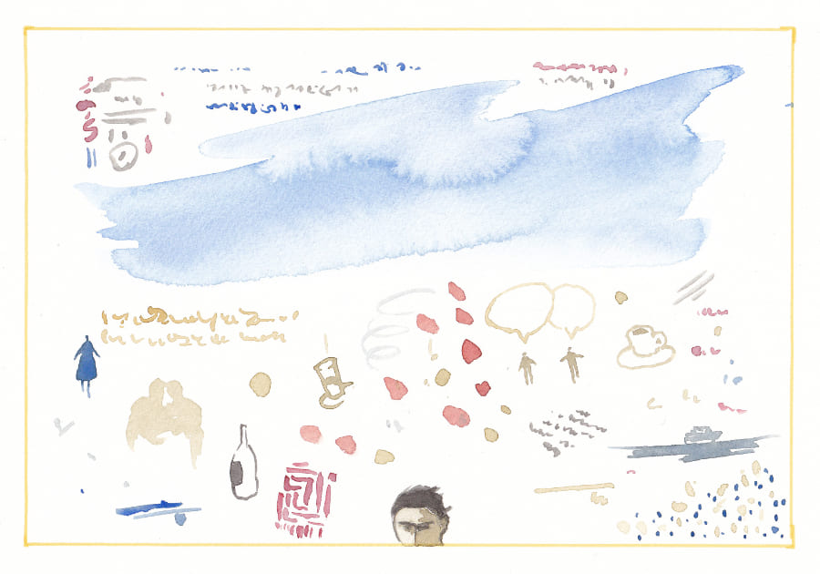 Diese aquarellartige Illustration zeigt eine Zusammenstellung von abstrakten Elementen, darunter eine Wolke, Symbole und schemenhafte Figuren, die auf einer cremefarbenen Oberfläche angeordnet sind. Graphic Novel Artwork