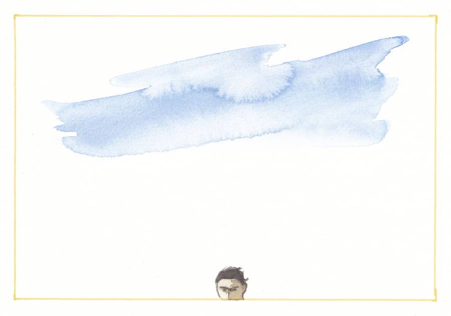 Das Bild präsentiert eine minimalistische Aquarellillustration mit einem Himmelselement, einem Menschenkopf und einer gelben Umrandung, die eine ruhige Szene erzeugt Graphic Novel Artwork