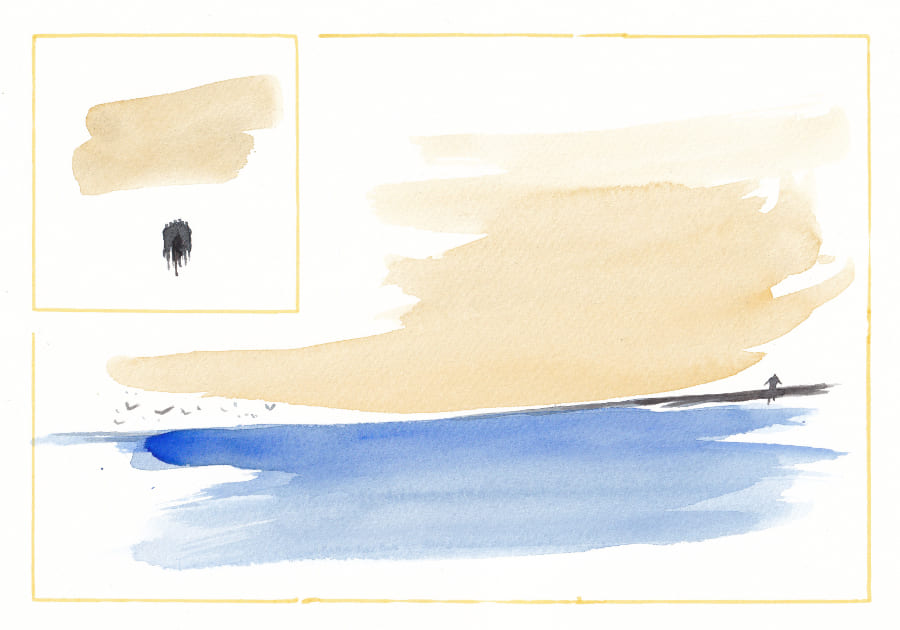 Radfahren Peloton Meer Dieses Aquarellbild zeigt eine minimalistische Strandlandschaft mit weichen, abstrakten Pinselstrichen, die einen weiten Himmel, das Meer und einen einsamen Spaziergänger darstellen und in einer kleinen Sequenz wird eine Gruppe Radfahrer angedeuted - Graphic Novel Artwork