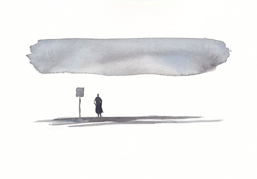 Das Bild zeigt eine minimalistische Aquarell-Komposition mit einer einzelnen Person, die an einem Bushaltestellenschild steht, unter einer grau getönten Wolke, die eine Atmosphäre der Kontemplation erzeugt. - Aquarell zu Text von Ruth Loosli