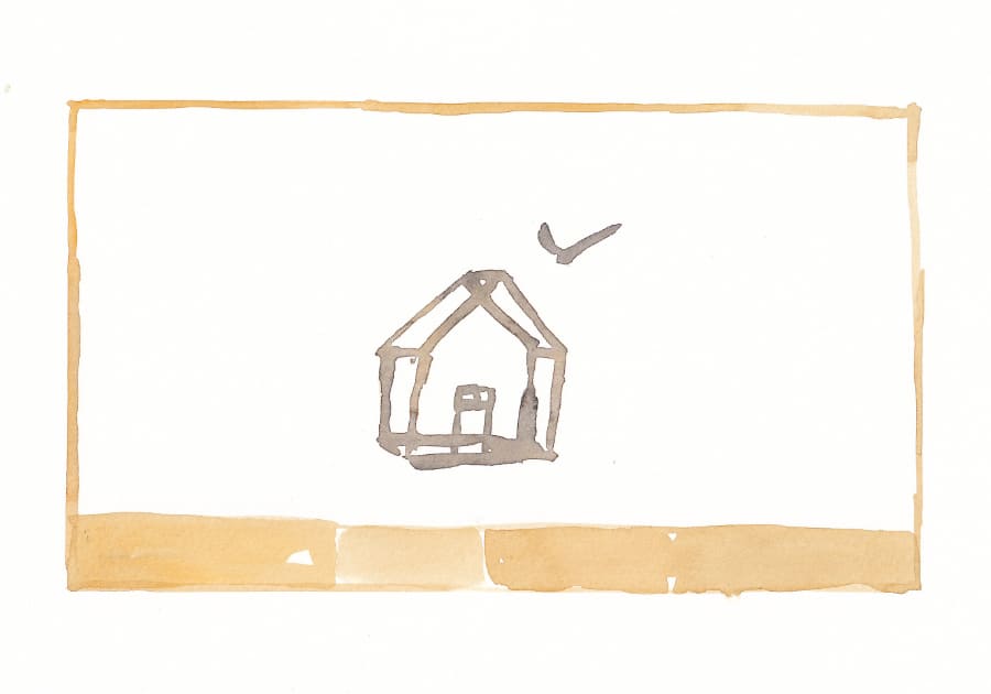 Eine minimalistische Aquarellzeichnung, die ein Haus, einen Vogel und einen Rahmen mit sanften Erdtönen darstellt - Aquarell zu Text von Ruth Loosli