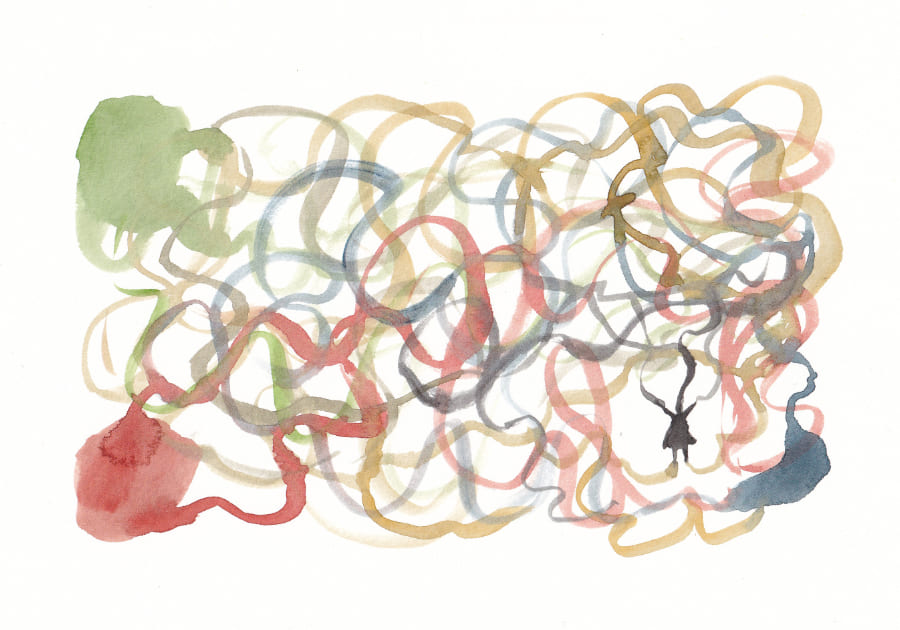 Das Aquarellbild zeigt eine abstrakte Komposition aus sich überlappenden, geschwungenen Linien in verschiedenen Farben, die von einer filigranen Figur mit ausgestreckten Armen und einer konturierten Form begleitet werden - Aquarell zu Text von Ruth Loosli