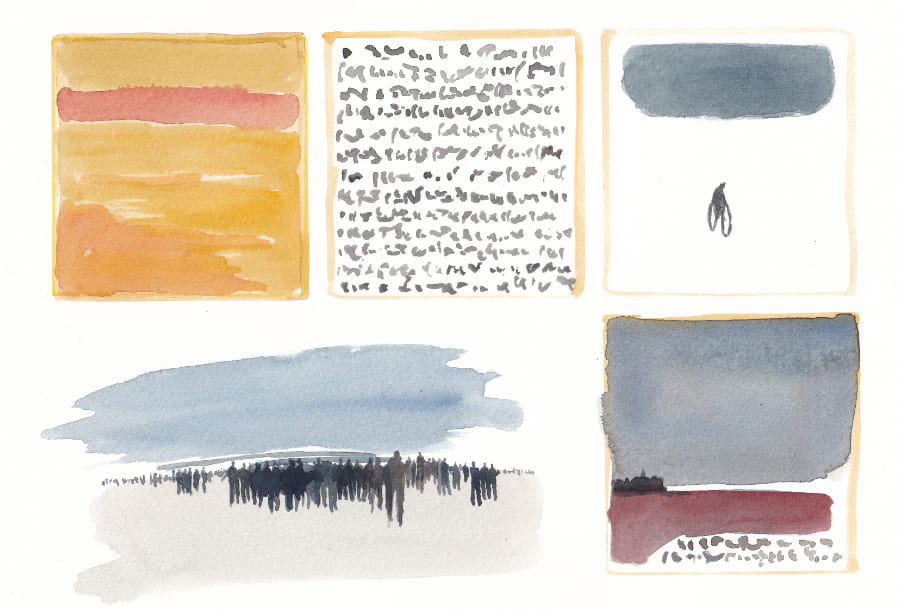 Die Bildkomposition besteht aus fünf aquarellartigen, rechteckigen Darstellungen, in einer unregelmässigen Anordnung - Graphic Novel Artwork