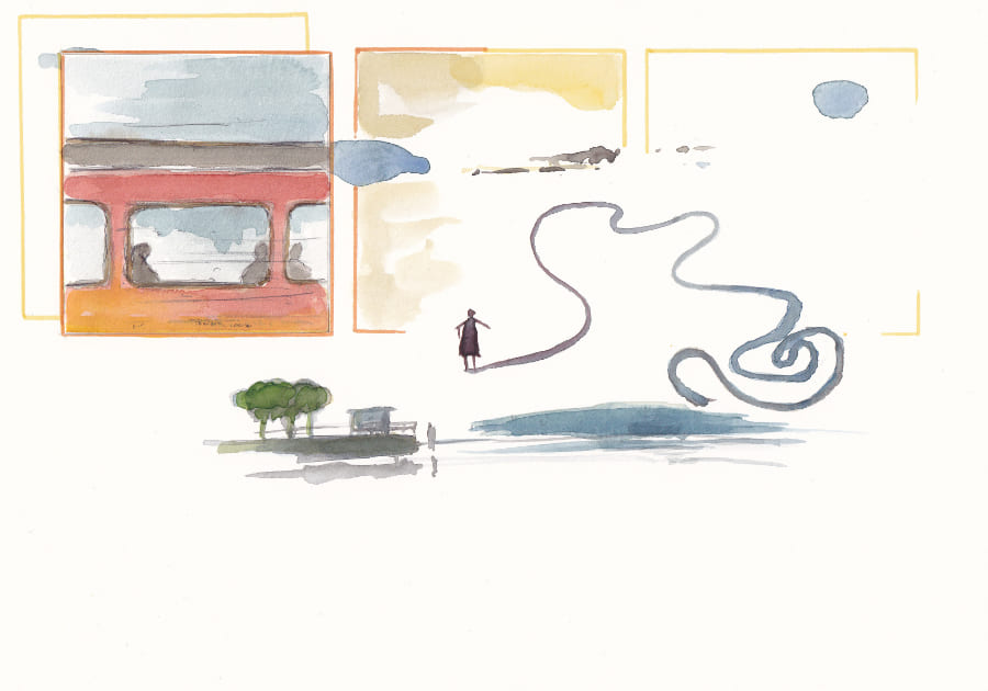 Das Aquarellbild präsentiert eine surrealistische Komposition mit einer zentralen Figur, die auf einer geschwungenen Linie balanciert, umgeben von fragmentierten Szenerien und abstrakten Elementen, die eine geheimnisvolle Atmosphäre erzeugen. Graphic Novel Artwork