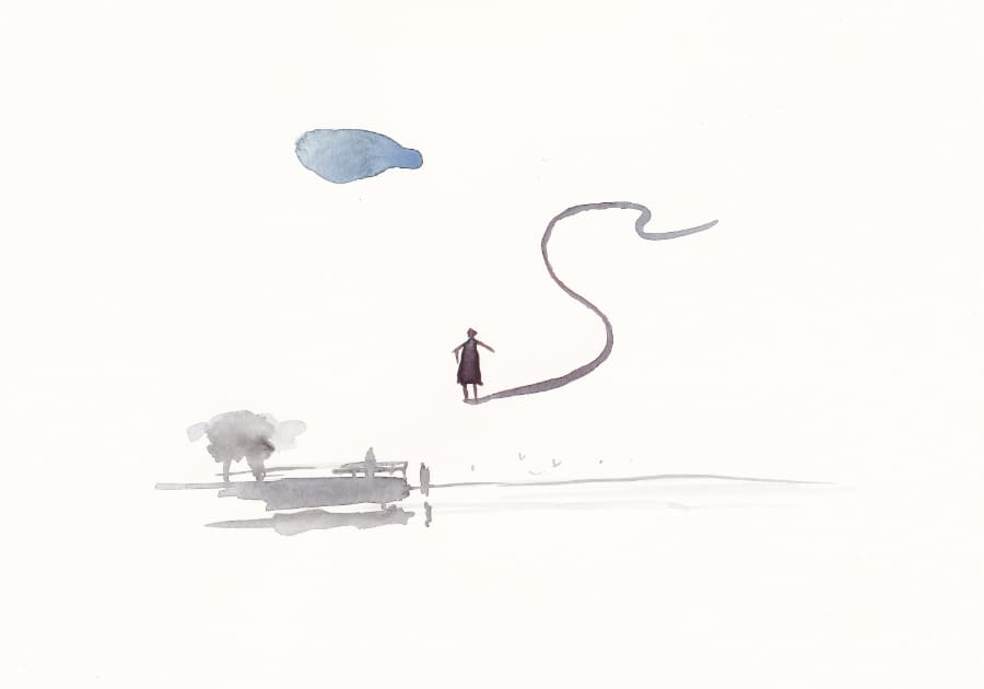 Eine minimalistische Aquarellzeichnung zeigt eine einsame Figur, die auf einer geschwungenen Linie balanciert, unter einem wolkenartigen Gebilde und am Rande einer ruhigen Wasserfläche. Graphic Novel Artwork