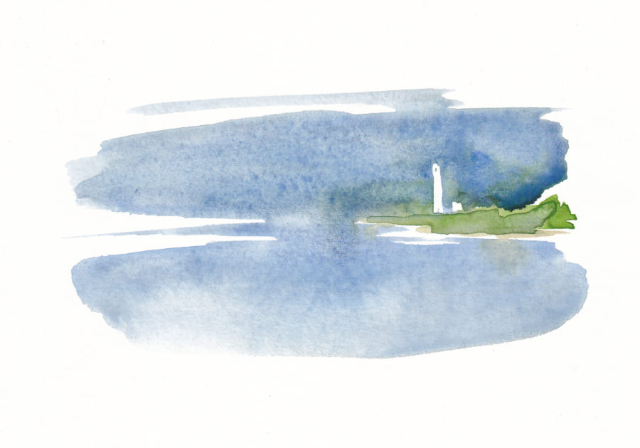 Eine aquarellartige Landschaftsdarstellung zeigt einen Leuchtturm auf einer grünen Landzunge vor einem Hintergrund aus Wasser und Himmel, der ein Gefühl von Ruhe erzeugt - Graphic Novel Artwork