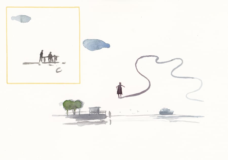Das Aquarell zeigt eine minimalistische Landschaft mit einer Figur, einem gewundenen Pfad, Booten und einer Szene in einem Quadrat. Graphic Novel Artwork