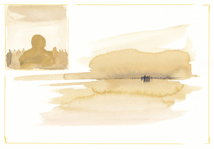 Eine abstrakte Aquarellmalerei zeigt eine Szene in Erdtönen, die eine Meerlandschaft mit einer Menschenmenge und einer Silhouette suggeriert, wobei der Fokus auf Atmosphäre liegt Graphic Novel Artwork