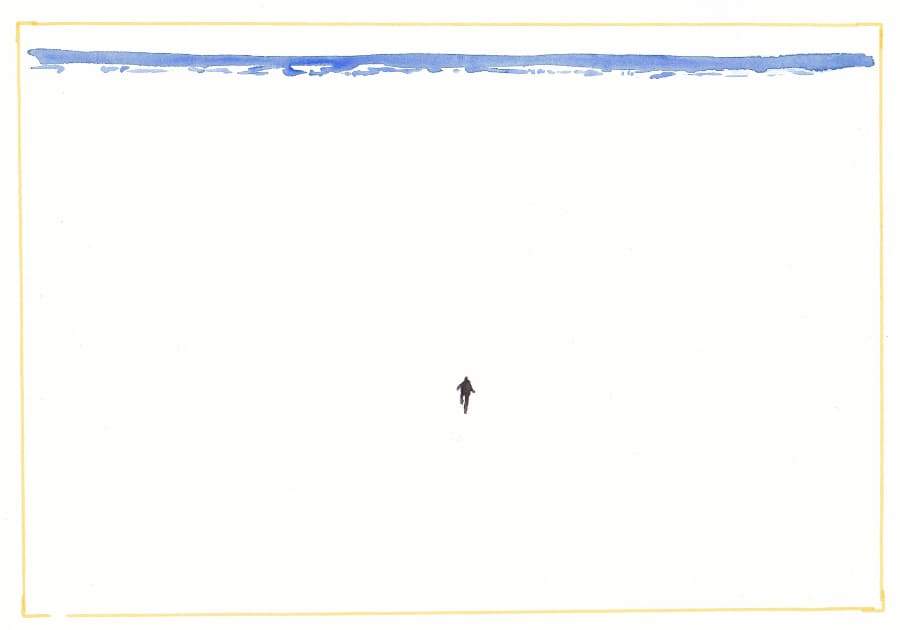 Weg zum Meer Das Bild zeigt eine minimalistische Aquarellarbeit, die einen einzelnen Menschen in weiter, leerer Umgebung zeigt und die Abgeschiedenheit betont. Graphic Novel Artwork