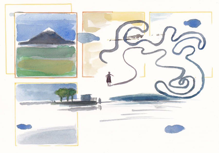 Berg Das Aquarellbild präsentiert eine surreal anmutende Komposition, die in verschiedenen rechteckigen Feldern angeordnet ist und eine einzelne Person in einer abstrakten Landschaft zeigt. Graphic Novel Artwork