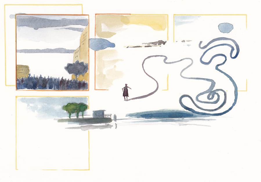 Das Aquarellbild zeigt eine Komposition, die in mehreren Rechtecken angeordnet ist und eine abstrakte, surrealistische Szene mit einer einzelnen Figur darstellt, die sich auf einer geschwungenen Linie befindet. - Graphic Novel Artwork