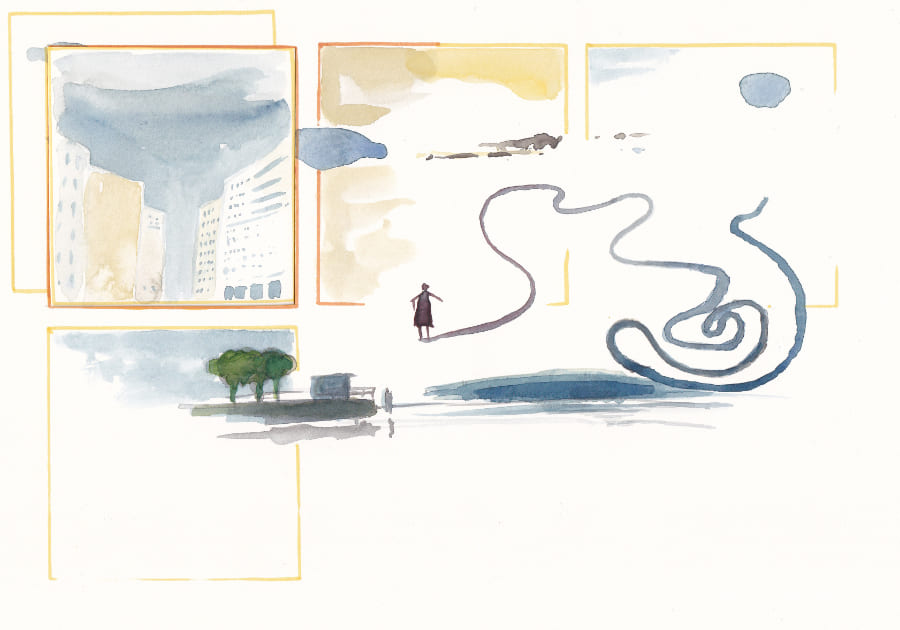 Die Aquarellillustration zeigt eine surreal anmutende Szene, die in einer fragmentierten Komposition, Erinnerungen und Träume zu vereinen scheint. Graphic Novel Artwork