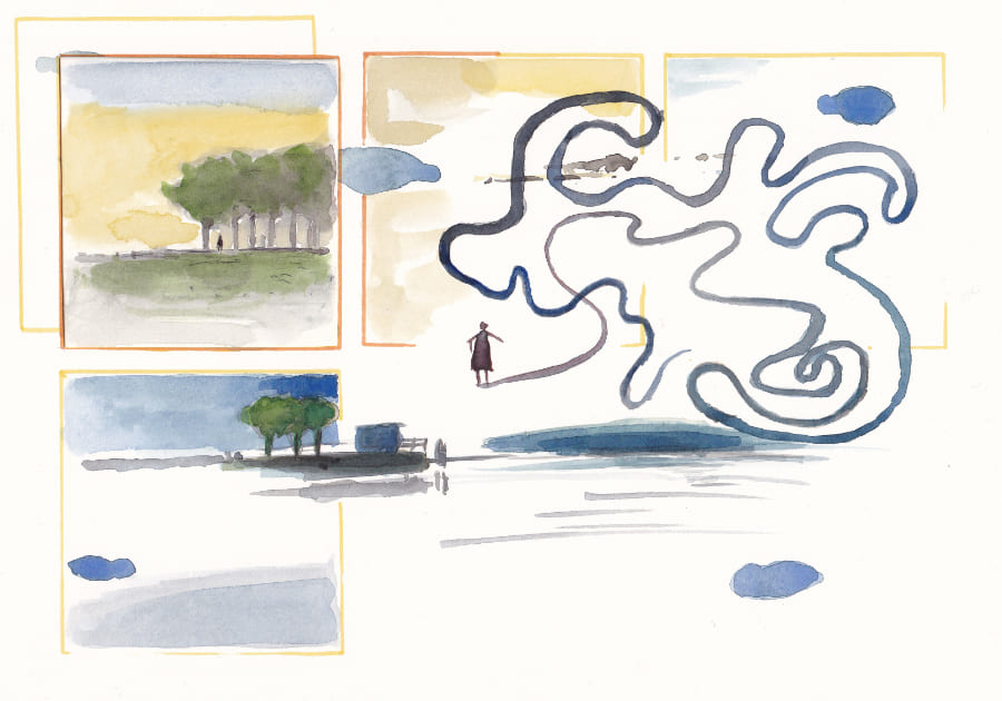 Die Aquarellillustration zeigt eine abstrakte Komposition mit mehreren kleinen Bildern und einer dynamischen, geschwungenen Linie, die eine surreale Szene schafft - Graphic Novel Artwork