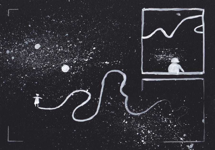 Eine nächtliche Darstellung zeigt eine kleine Figur, die eine lange, gewundene Linie durch einen sternenübersäten Himmel zieht, während eine andere Figur in einem Panel darüber hinausblickt und eine Verbindung zwischen beidenwelten andeutet. - Graphic Novel Artwork