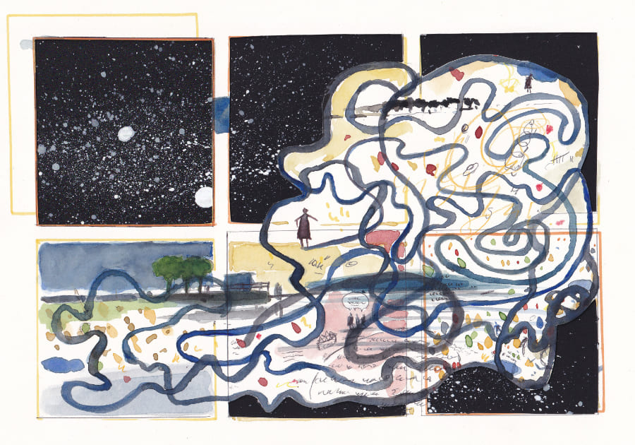 Planetarium Diese Collage kombiniert Elemente von Weltraum, Landschaft und abstraktem Labyrinth, um eine surreale und introspektive Szene zu schaffen. Graphic Novel Artwork