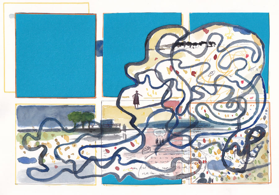 blau Dieses Bild ist eine aquarellierte Collage, die ein stilisiertes menschliches Profil über verschiedenen figürlichen und abstrakten Elementen zeigt, die eine komplexe und traumähnliche Erzählung andeuten - Graphic Novel Artwork