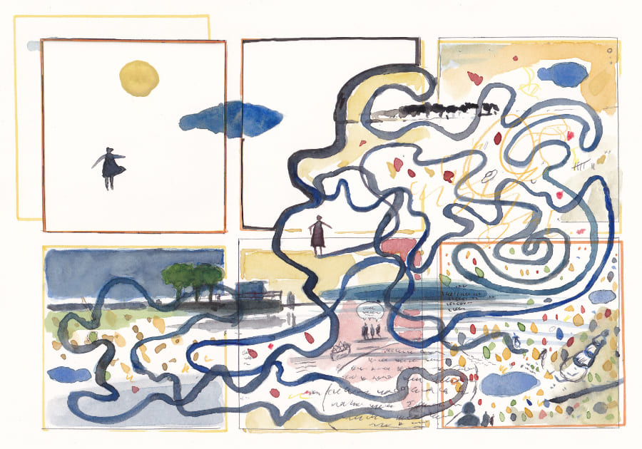 Sequenzen einer Reise in das Ungewisse Dieses Bild ist eine Collage aus Aquarellzeichnungen, die eine surreale und fragmentierte Erzählung über Bewegung, Landschaft und menschliche Figuren darstellen, verbunden durch abstrakte Linienmuster - Graphic Novel Artwork