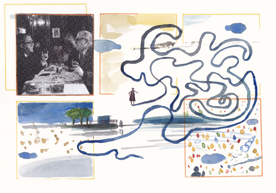 Diese Collage aus Aquarellmalerei und einer Fotografie von Friedrich Dürrenmatt und Max Frisch, erforscht die Verflechtung von Erinnerung und Abstraktion durch die Gegenüberstellung von realen Szenen mit surrealen Linien und Formen - Graphic Novel Artwork