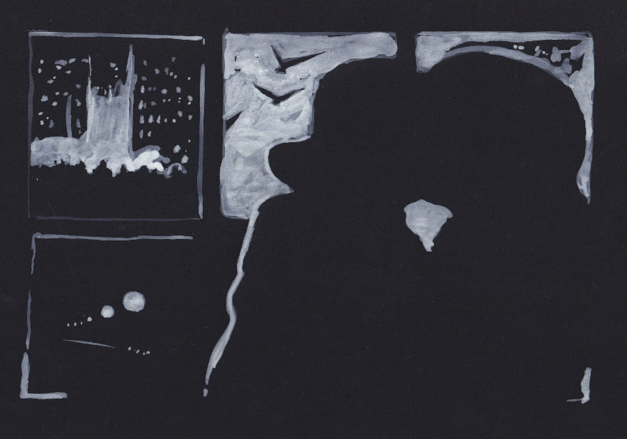 Eine stark stilisierte, monochromatische Darstellung zeigt zwei Silhouetten, die in einer nächtlichen Stadtszene und Vögeln im Flug küssen. Graphic Novel Artwork