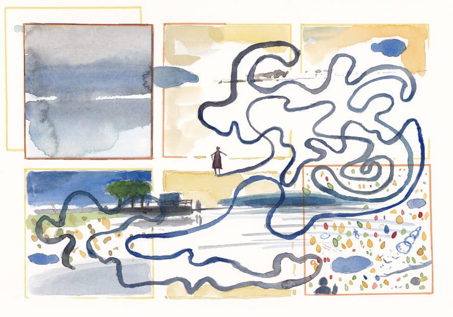 Dieses Aquarellbild zeigt eine collageartige Anordnung von Bildausschnitten, die durch eine abstrakte, blaue Linie verbunden sind und ein Gefühl von Bewegung und Erkundung vermitteln - Graphic Novel Artwork