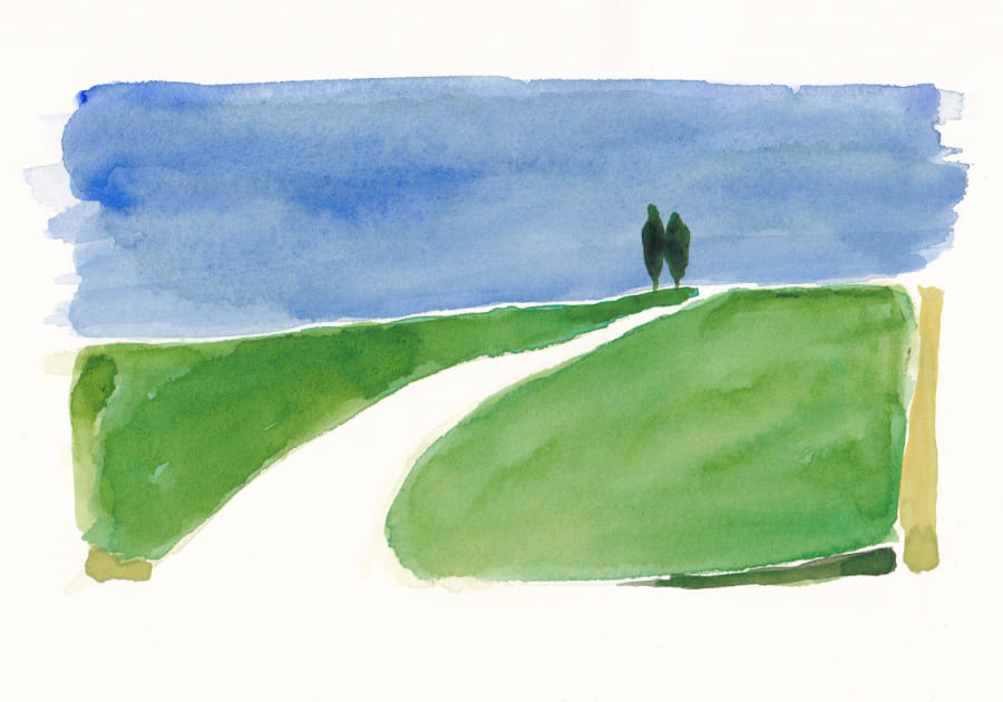 Eine abstrakte Aquarellmalerei zeigt eine stilisierten Landschaft mit einer geschwungenen weissen Strasse vor einem blauen Himmel. Graphic Novel Artwork