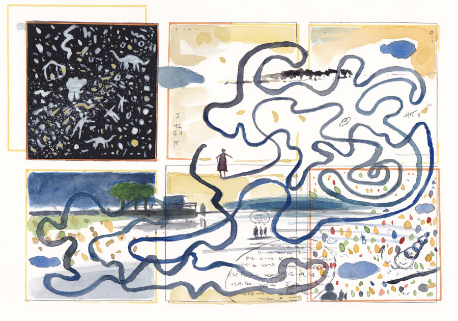 Dieses Bild ist eine abstrakte Komposition, die Elemente von Aquarellmalerei und Collage kombiniert, um eine fragmentierte, traumartige Erzählung zu schaffen. - Graphic Novel Artwork