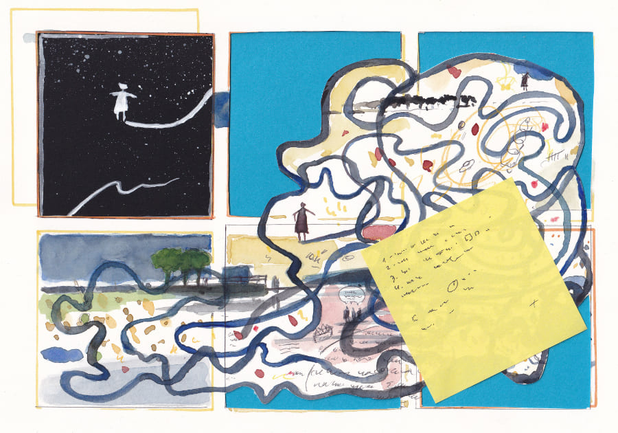 Dieses Collage-Kunstwerk kombiniert malerische Darstellungen mit grafischen Elementen und einer handgeschriebenen Notiz, um eine thematische Verbindung von Reise, Erinnerung und Planung - Graphic Novel Artwork