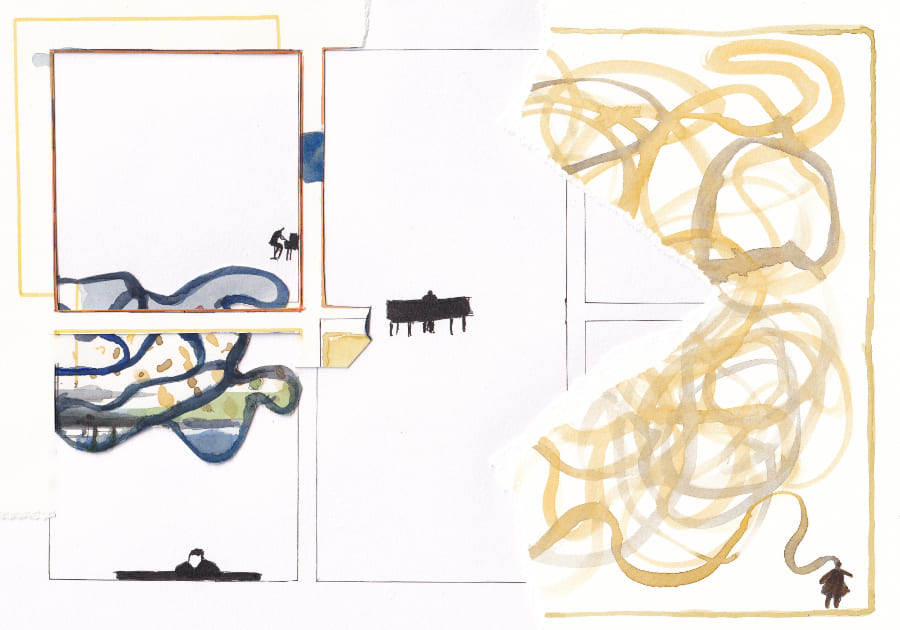 Abstrakte Formen mit Silhouetten von Menschen und Klavierspieler - Graphic Novel Artwork
