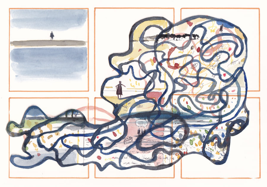 Eine abstrakte Darstellung mit verbundenen Formen und Menschen - Graphic Novel Artwork