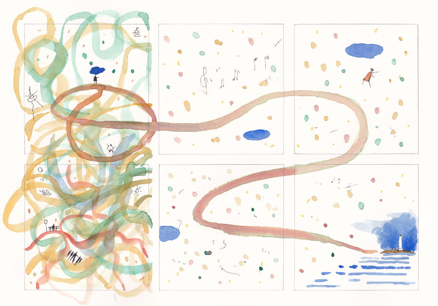 Eine impressionistische Aquarellzeichnung, die eine Reise durch imaginäre Landschaften und abstrakte Formen darstellt und ein Gefühl von Bewegung und Entdeckung vermittelt - Graphic Novel Artwork