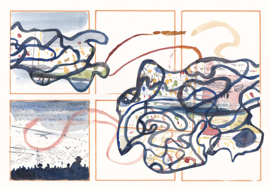 Abstrakte Formen und Linien verbinden verschiedene Elemente - Graphic Novel Artwork