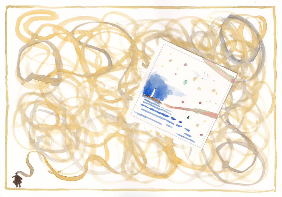 Elsa am Anfang einer Linie die durch das ganze Bild irrt und in der Mitte eine Sequenz in aquarel vom Leuchtturm Graphic Novel Artwork