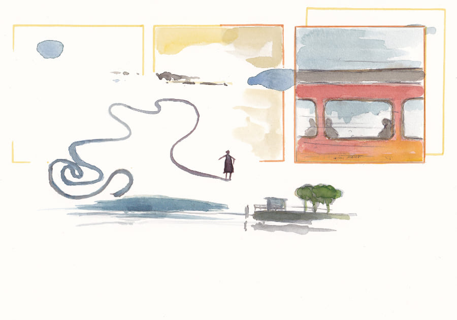 Das Aquarellbild präsentiert eine surrealistische Komposition mit einer zentralen Figur, die auf einer geschwungenen Linie balanciert, umgeben von fragmentierten Szenerien und abstrakten Elementen, die eine geheimnisvolle Atmosphäre erzeugen - Graphic Novel Artwork