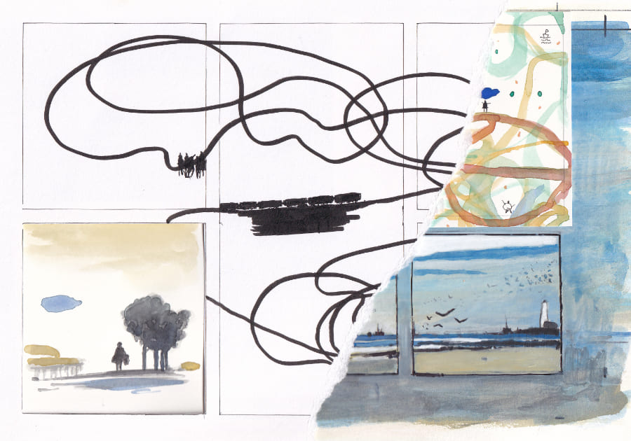 Kollage aus Linienzeichnungen und Aquarellen Graphic Novel Artwork